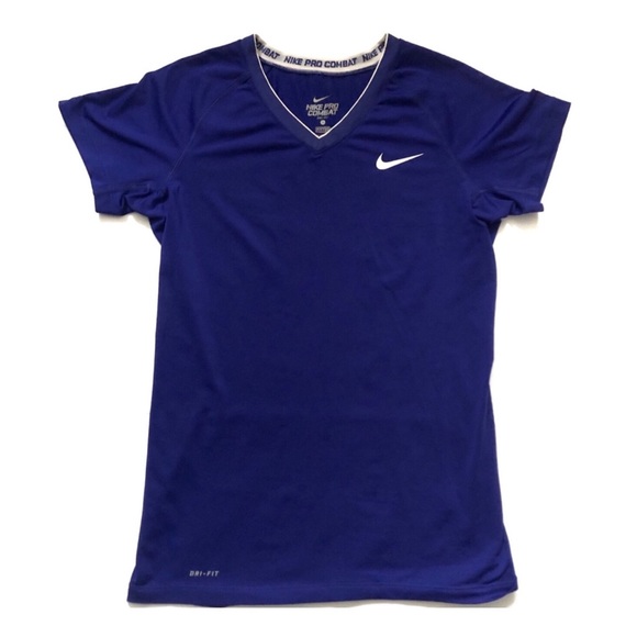NIKE | BLUE PRO COMBAT FITTED SHORT SLEEVE V-NECK - Picture 1 of 7